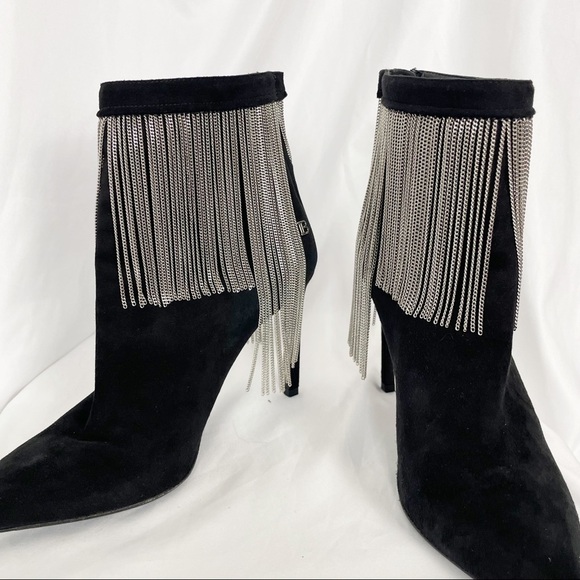 Balmain Mercy Suede Chain Fringe Pointed Toe Stiletto Heeled Ankle Boots Black - Picture 6 of 14